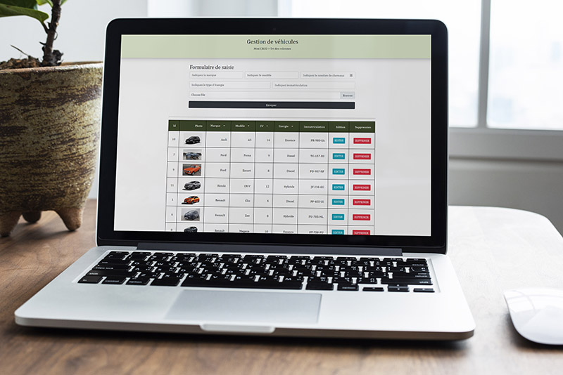 Mockup de la réalisation d'une page en PHP présentant un listing de voitures